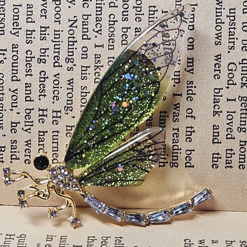 Dragonfly Brooch Pin Clear Rhinestone Green Acrylic Wings Costume Jewelry Nature - Picture 8 of 8
